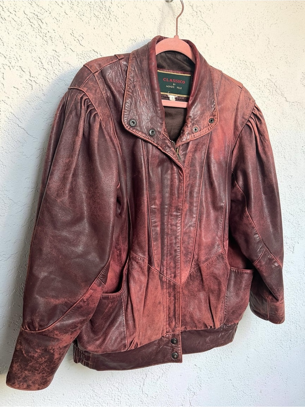 Vintage Italian Leather Bomber Jacket – Burgundy Patina – Made in Italy – Small